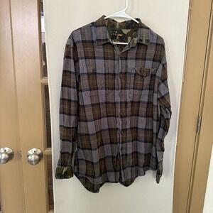 US‎ Army Men's Large Plaid Camo Trim Long Sleeve Button Up Shirt Top Cotton